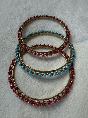 Gold-Tone Stackable Bangle Set with Pink and Blue Beads